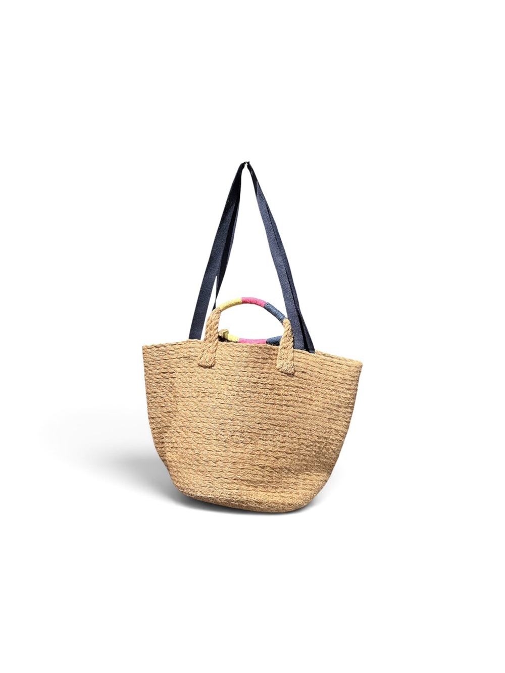 GAP Straw Tote with Navy Shoulder Straps and Multicolor Wrapped Handles
